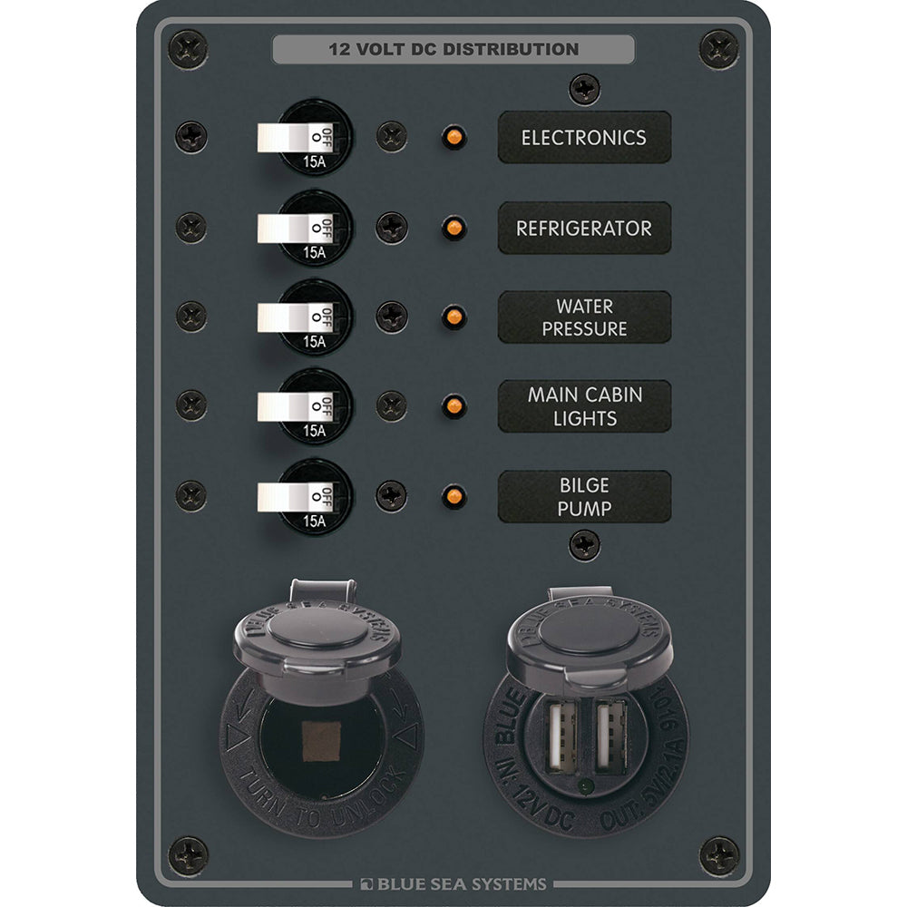 Blue Sea 8120 - 5 Position 12V Panel w/Dual USB 12V Socket