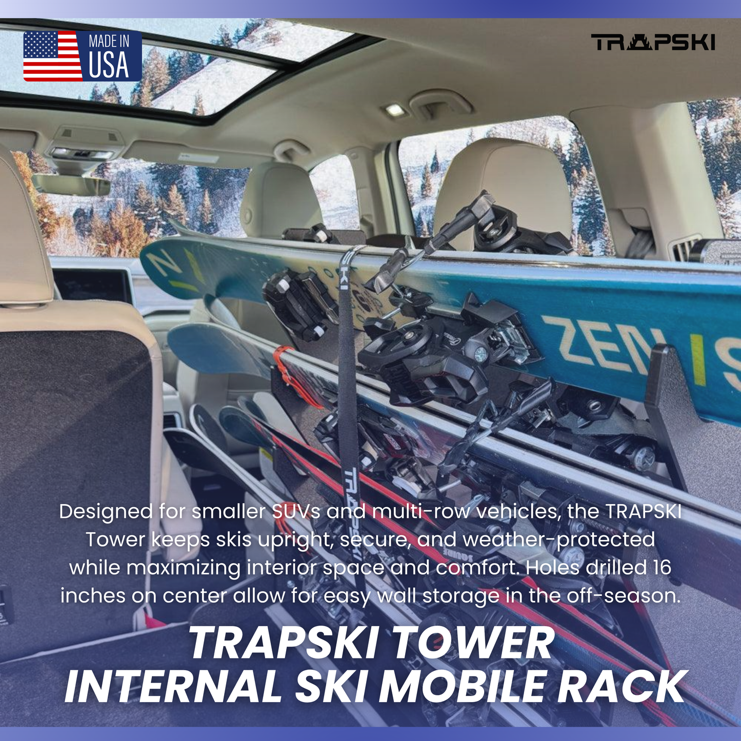 TRAPSKI Tower with Security Strap | Ski Mobile Rack | Inside SUVs, Vans, Crossovers & Hatchbacks