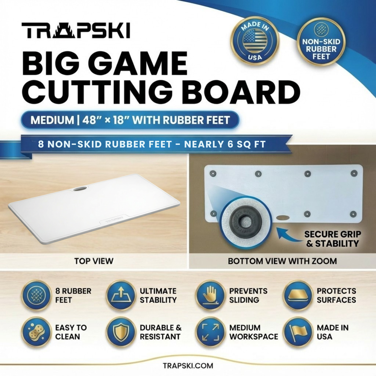 Big Game Cutting Chopping Board 3/8 Inch Thick | Food-Grade HDPE Optional Non-Skid Rubber Feet, Wide Juice Groove | 32 or 48 in x 18 in or 24 in for Tailgates, Coolers and Tables | Easy Grip Handle